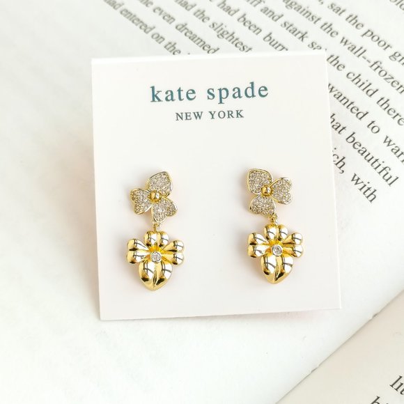 NEW KATE SPADE Precious Pansy Pave Gold Drop Earrings AUTHENTIC